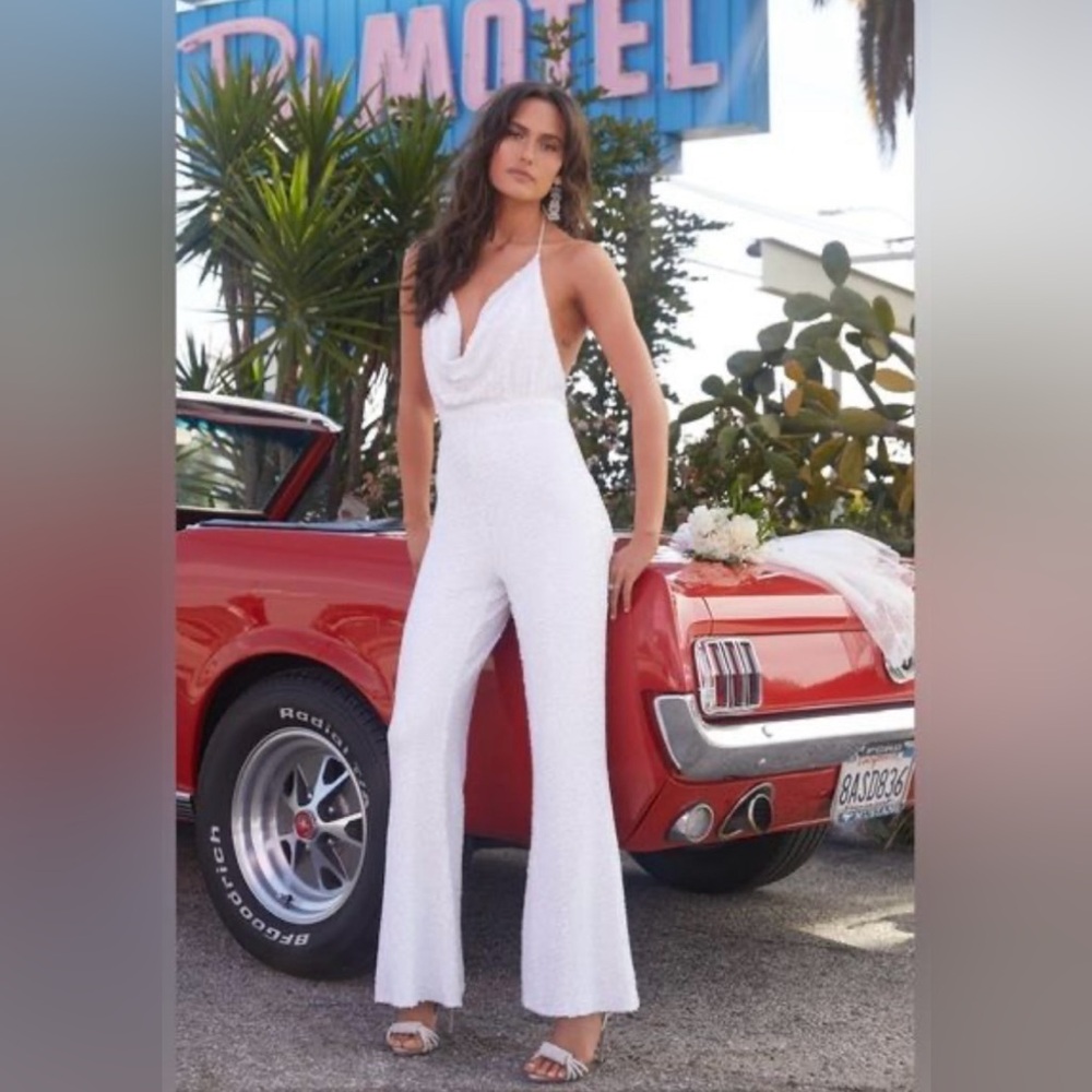 12th Tribe White Sequin Jumpsuit size XL, fits size 10-12.